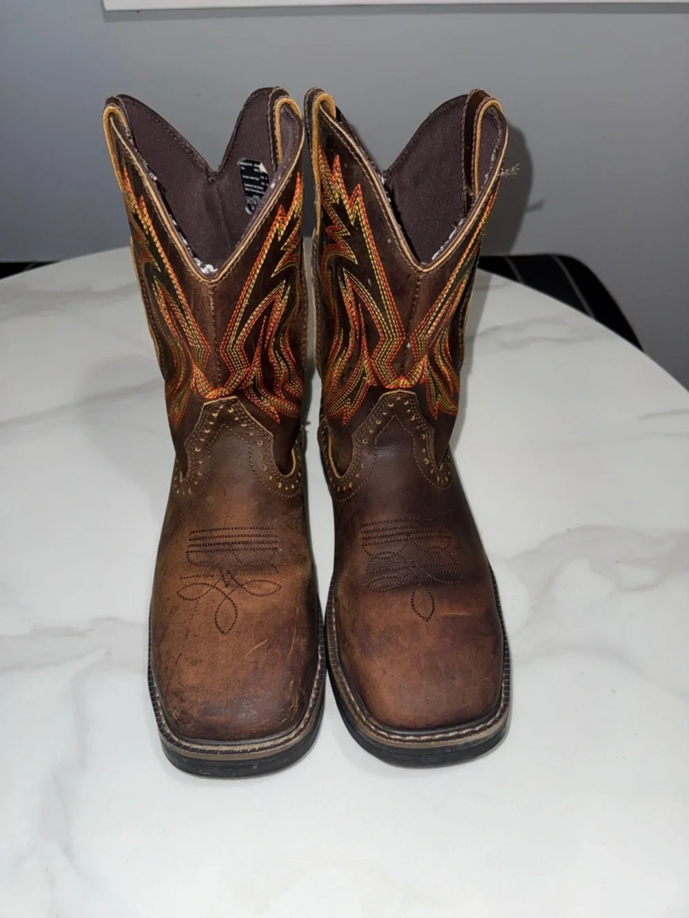 Brown Men's Pull-On Work Boots with Orange Stitching